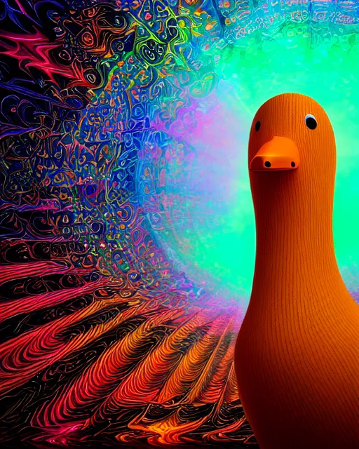 Prompt: portrait ultra dimensional ducky entity, accidentally tripping on dmt and acid, psychedelic experience, overwhelming psychosis of self realization and burning awakening, ultra high definition, unreal engine 5, hyperrealism, masterpiece composition, by casey weldon, barclay shaw 8 k photorealistic