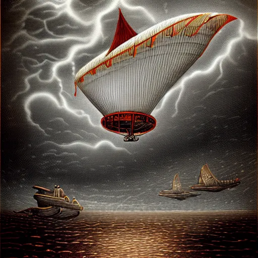 Image similar to victorian airship flying into a violent thunderstorm, red gold gray, rich, highly detailed, realistic, illustration, gritty