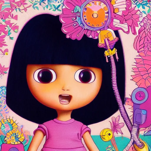 Image similar to portrait of dora the explorer as real girl in happy pose, detailed, intricate complex background, japanese Pop Surrealism, lowbrow art style, muted pastel colors, soft lighting, 50's looks by Mark Ryden,Yosuke Ueno,mucha,Hikari Shimoda, artstation cgsociety