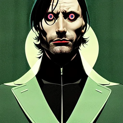 Image similar to Joshua Middleton comic art, wide shot, handsome elegant male Mads Mikkelson, spy, kabuki mask, beautiful evil sneer, symmetrical face, symmetrical eyes, leather clothing and boots, long straight green black hair, full body, Indigo occult pattern