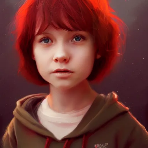 Image similar to a tiny girl with short red hair wearing a hoodie, digital art, cute face, very beautiful face, pretty face, very detailed eyes, full body illustration, 8 k resolution, soft painting, by greg rutkowski, wlop, rossdraws,