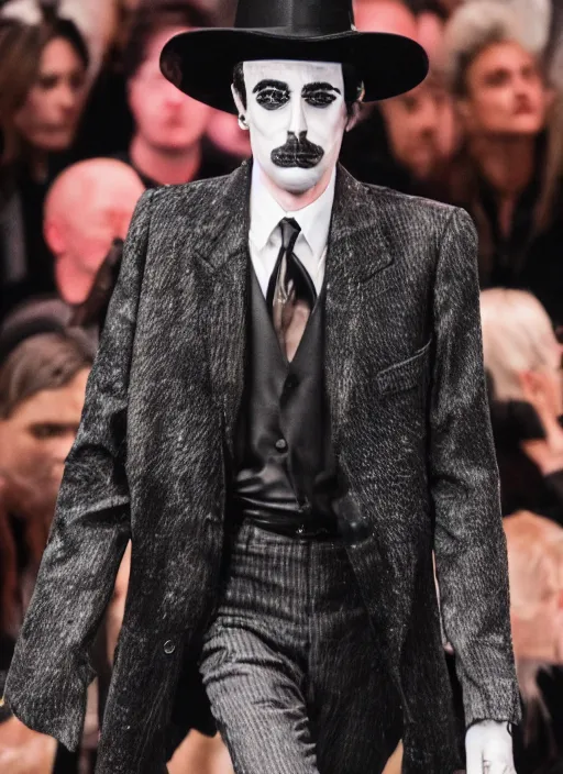 Image similar to hyperrealistic and heavy detailed yves saint laurent runway show of gomez addams, leica sl 2 5 0 mm, vivid color, high quality, high textured, real life, noise film photo