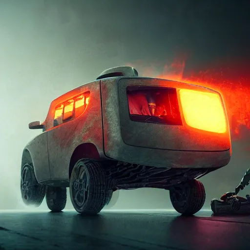 Image similar to toaster oven robot, mechanical, machine, octane render, sharp focus, hyper - realistic, intricate, detailed, eduard pronin, luka mivsek, ruan jia, dark messy smoke - filled cluttered workshop, dark, dramatic lighting, orange tint, sparks, cinematic, highly detailed, sci - fi, futuristic, movie still