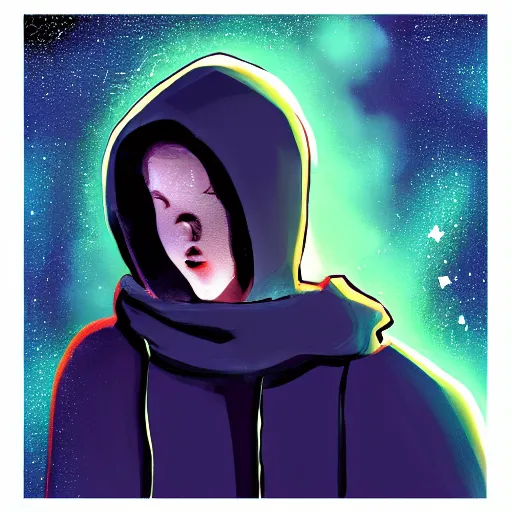 Image similar to boy dressed a black hoodie, flying in galaxy, lo-fi style, digital art, trending on ArtStation, detalied, high quality,