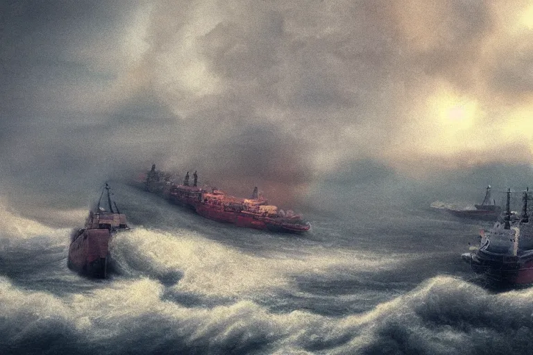 Prompt: merchant ship fleet in a storm, in the style of vernon grant and chris van allsburg, raging stormy sea, trending on artstation, bright tilt - shift camcorder effect, photoshop, retrowave, hyperrealism, octane, sharp focus, masterpiece