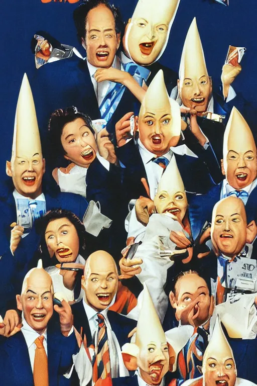 Image similar to coneheads, japanese vhs cover art, detailed facial expressions