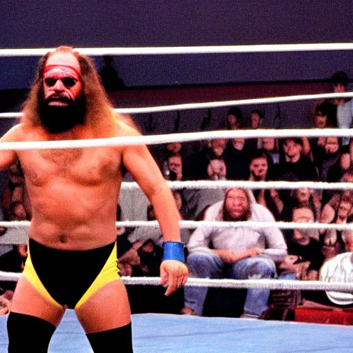 Prompt: Randy Savage giving an insane promo in a wrestling ring, photo realistic, high resolution