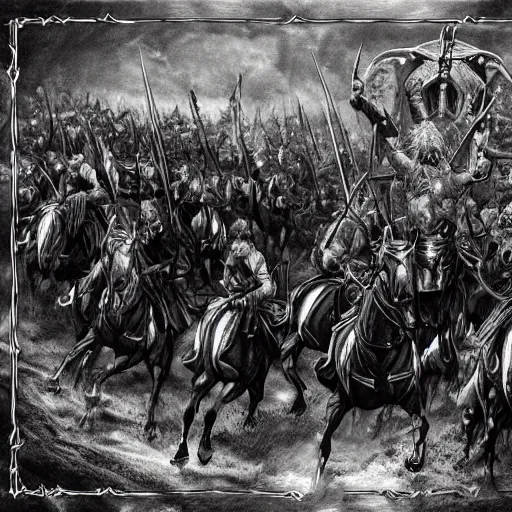 Prompt: illustration of The riders of Rohan in the style of J.R.R Tolkien 4K detail