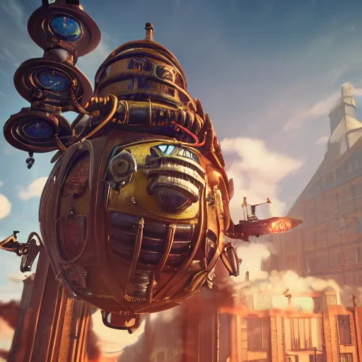 Image similar to a flying steampunk fortress, bioshock infinite, detailed, behrens style, unreal 5 render, fantasy digital art, octane render, beautiful composition, trending on artstation