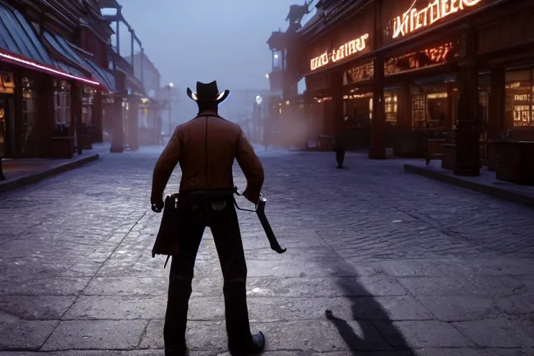 Image similar to photo from behind of a cowboy, carrying a gun, on a victorian shopping mall, cinematic lightning, ray tracing, unreal engine 5, photorealistic, 8 k, uhd, 4 k, red dead redemption 2 game concept, extremely detailed, beautiful, elegant, intricate, foggy, in - game footage