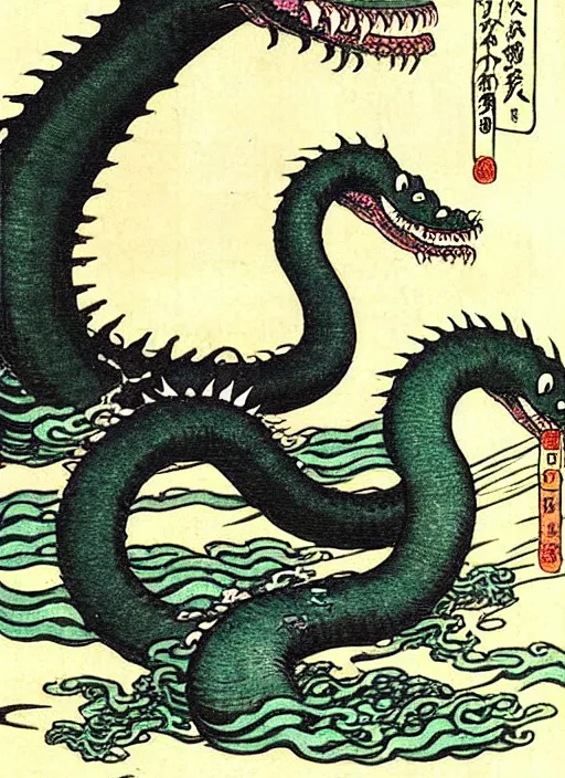 Image similar to the loch ness monster as a yokai illustrated by kawanabe kyosai and toriyama sekien