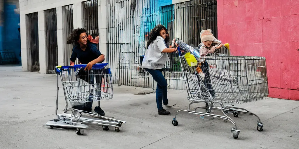 Image similar to homeless mother pushing a shopping cart with a child riding in it, in front of a blank wall