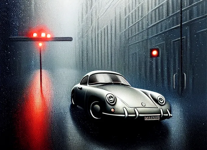 Image similar to beautiful extreme photo in style of frontiers rendered in octane 3d , stunning, coherent, beautiful painting, still of a Mysterious figure swings a heavy sledgehammer at a silver Porsche 550 with its headlights on, parked on the side of the road in the city of Cologne in the rain, by George Tooker, moody, ominous, lighting, hyper-realistic, , Edward Hopper and James Gilleard, Zdzislaw Beksinski, Steven Outram, highly detailedrich deep colors. rich deep colors. Beksinski painting, art by Takato Yamamoto , Wayne Barlowe. masterpiece. rendered in blender, ultra realistic, smooth shading, ultra detailed, high resolution, cinematic, unreal 6