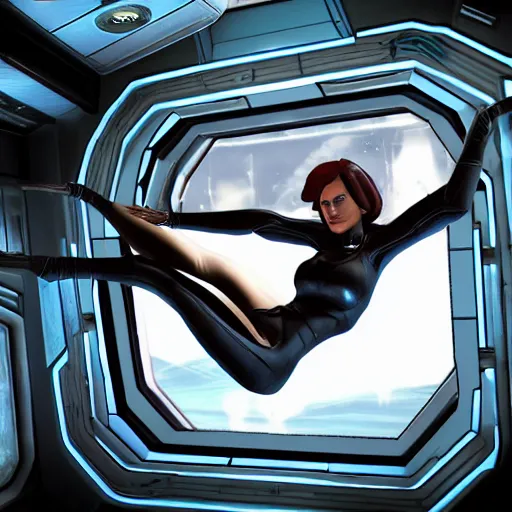 Prompt: Miranda Lawson from mass effect 2. full shot. spaceship interior. window view of space and stars.