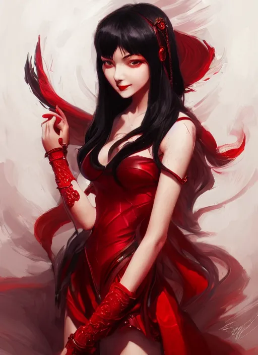 Image similar to a highly detailed illustration of hime cut black haired woman wearing red dress, dramatic smiling pose, perfect face, perfect body, intricate, elegant, highly detailed, centered, digital painting, artstation, concept art, smooth, sharp focus, league of legends concept art, wlop