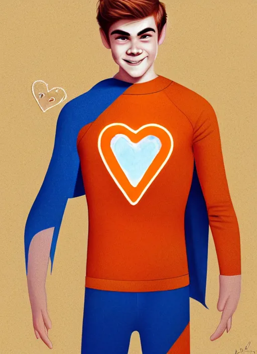 Image similar to friendly teenage archie andrews wearing an orange superhero costume with heart logo, heart, freckles, blue cape, heart emblem on chest, blue cape, intricate, elegant, glowing lights, highly detailed, digital painting, artstation, sharp focus, illustration, art by wlop, mars ravelo and greg rutkowski