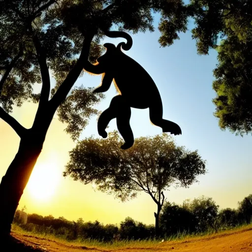 Prompt: chimpanzee jumping on a trampoline, sunset, trees in the distance, another chimpanzee stands near by