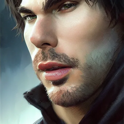 Image similar to portrait of ian somerhalder, wide angle, intricate, wild, highly detailed, digital painting, artstation, concept art, smooth, sharp focus, illustration, art by artgerm and greg rutkowski and alphonse mucha - W 768