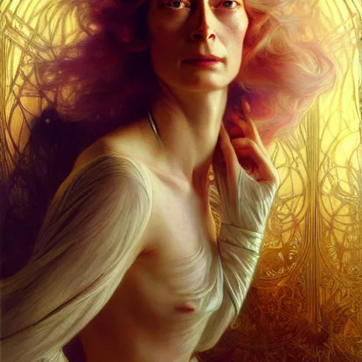 Image similar to young adult tilda swinton as lucifer morningstar, long blond hair, natural lighting, path traced, highly detailed, high quality, digital painting, by gaston bussiere, craig mullins, alphonse mucha j. c. leyendecker