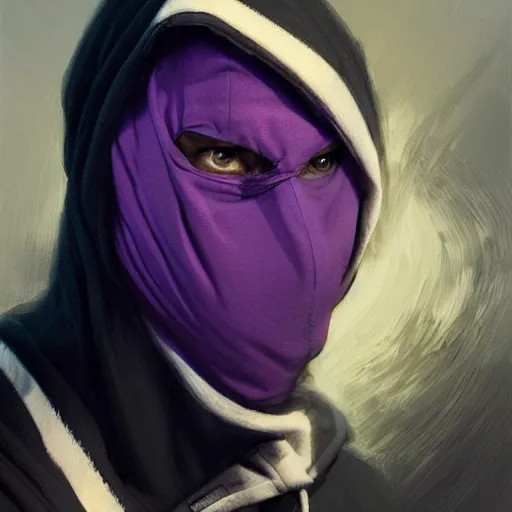 Image similar to ultra realistic illustration, man in a black hood, in a striped purple balaclava, mysterious, highly detailed, digital painting, artstation, concept art, smooth, sharp focus, illustration, art by artgerm and greg rutkowski and alphonse mucha