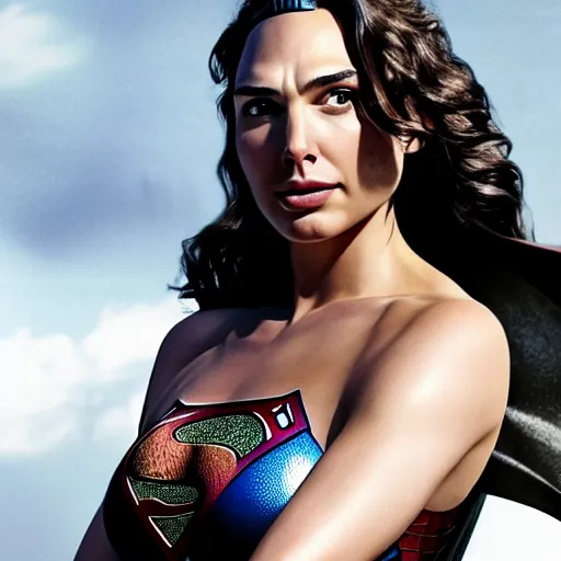 Image similar to an potrait of gal Gadot cast of movie man of steel and wearing a superman suit, photorealistic high detail, cinematic, high quality.