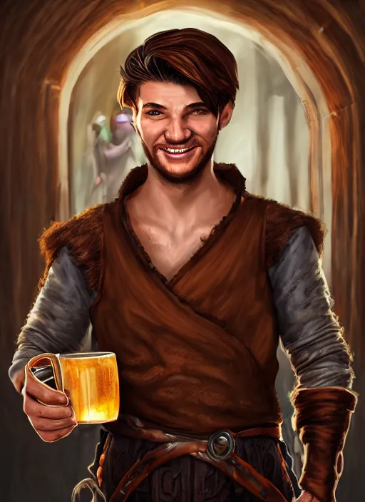 Image similar to An epic fantasy comic book style portrait painting of a handsome young man with brown wavey hair, wearing thief clothing in a tavern and smiling with a wooden tankard in hand, unreal 5, DAZ, hyperrealistic, octane render, cosplay, RPG portrait, dynamic lighting