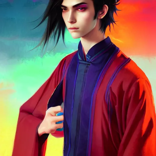 Prompt: colorful and Festive Captivating teenager boy with straight indigo hair, purple eyes with red eye markers, slim body, wearing a detailed Japanese kimono. rich vivid colors, ambient lighting, dynamic lighting, 4k, atmospheric lighting, painted, intricate, highly detailed by Charlie Bowater