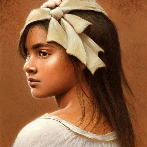 Image similar to artstation concept of a beautiful girl with a bow, brown skin, sweaty skin, symmetrical face, casual white garment, white desert background, shiny colorful, hyperdetailed, artstation trending, world renowned artists, worth1000.com, historic artworks society, antique renewal, cgsociety, by greg rutkowski, by Gustave Doré, Deviantart