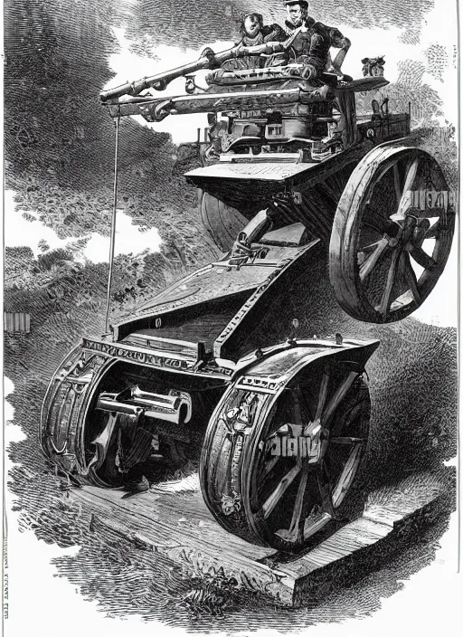 Image similar to 19th century wood-engraving of a steam powered Renault FT tank, whole page illustration from Jules Verne book, art by Édouard Riou Jules Férat and Henri de Montaut, frontal portrait, high quality, beautiful, highly detailed, removed watermarks