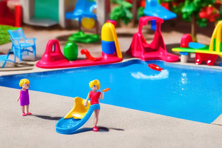 Image similar to fisher price public pool, california, in 2 0 1 5, perfect sharp focus, scene from tv show hyper detailed 5 5 mm 8 5 mm, toy photography, made out of plastic