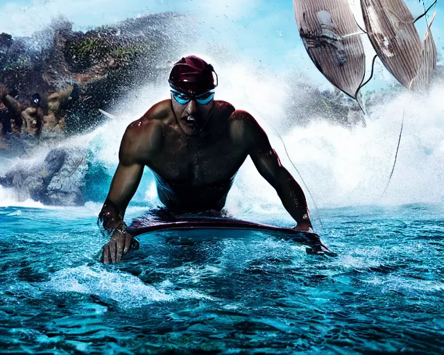 Image similar to single spartan swimming using bodyboard on australian beach, epic award winning action cinematic still from the movie 3 0 0, 8 k, global illumination, detailed face, muscles, rim highlights, hyper realistic, stunning waves, happy vibes