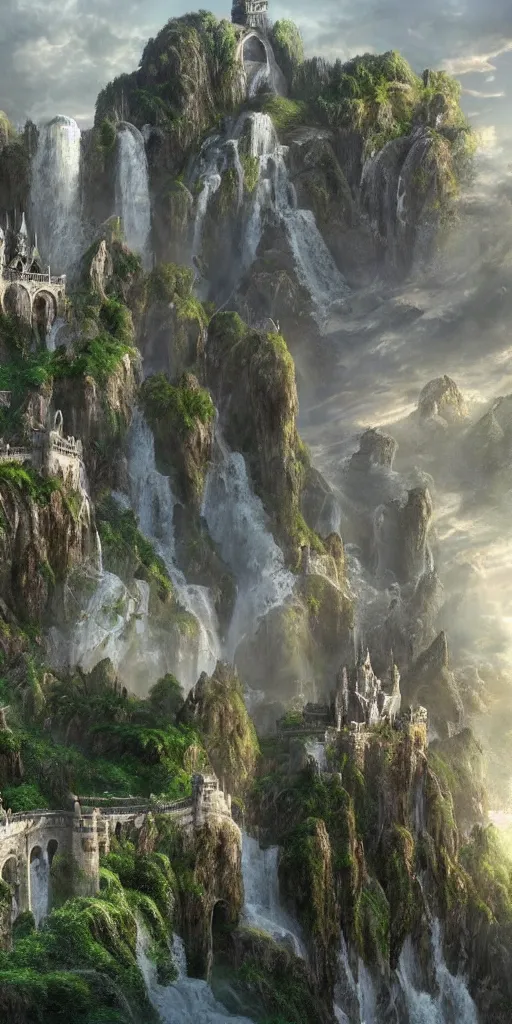 Image similar to a beautiful fantasy landscape of a large majestic castle adorned with gold linings and white marble walls from DND with lots of towers bridges and levels on top of a lush cliff with a huge waterfalls in the middle, ruins of structures at the bottom, afternoon light streaking with god rays, Dungeons and Dragons Castle, ornate, detailed, octane render, 8k, trending on artstation deviantart google images, pinterest, canon 35mm lens