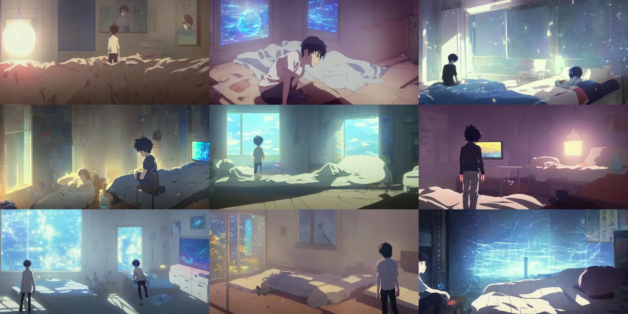 Prompt: painting of near future technological world, magical realism, in the anime film a boy blends digital reality with real life, but is alone in his cramped and dark bedroom, screenshot from the makoto shinkai anime, real life blended with digital world