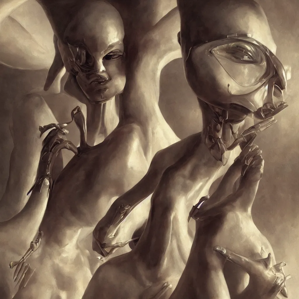 Prompt: photorealistic portrait depiction of a beautiful alien femme biology, latex domme, extraterrestrial, sharp focus, by james gurney, by corbusier, by greg rutkowski, ornate painting, high quality