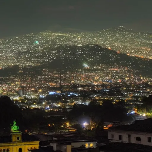 Prompt: a cyberpunk antigua guatemala at night from the distance