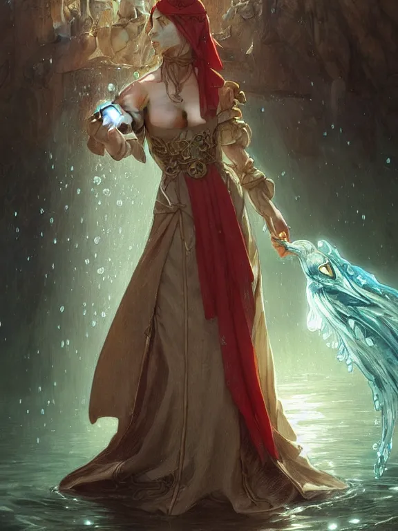 Image similar to summoner dressed in medieval gown with a cute water elemental, fantasy, intricate, elegant, highly detailed, digital painting, artstation, concept art, wallpaper, smooth, sharp focus, illustration, art by artgerm and greg rutkowski and alphonse mucha