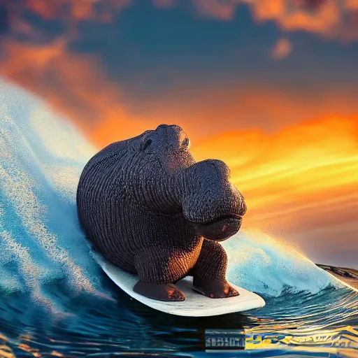 Image similar to a closeup photorealistic photograph of a cute smiling knitted tiger hippopotamus riding an epic wave at sunset. surf in the background. professional capture. brightly lit scene. this 4 k hd image is trending on artstation, featured on behance, well - rendered, extra crisp, features intricate detail, epic composition and the style of unreal engine.