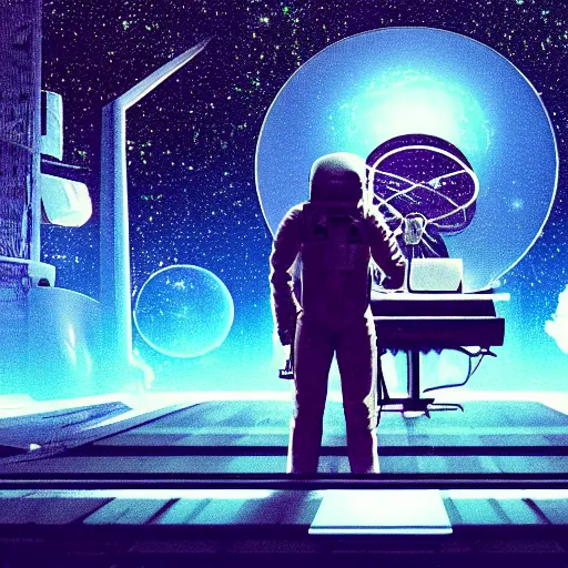 Image similar to an astronaut, using a synthesizer in a music studio, [ floating ]!!, synthwave art style, trending on cgsociety, golden ratio!!!, centered!!!