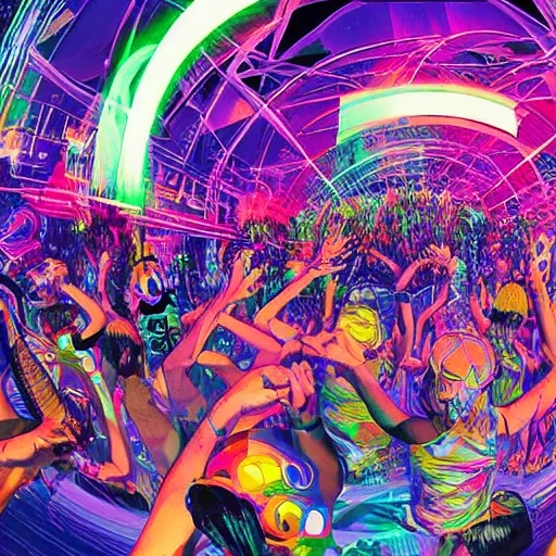 Image similar to rave dance party by android jones, syd mead, and john stephens