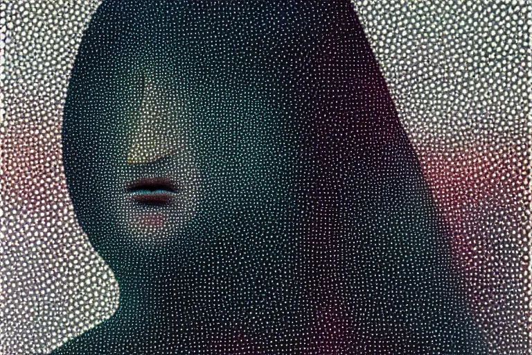 Image similar to face made out of mist, faceless people dark, dots, drip, stipple, pointillism, technical, abstract, minimal, style of francis bacon, asymmetry, pulled apart, cloak, hooded figure, made of dots, abstract, balaclava, colored dots