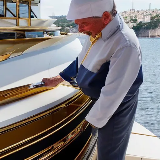 Image similar to wrinkled hunchbacked old butler polishing the side of a gold plated mega yacht