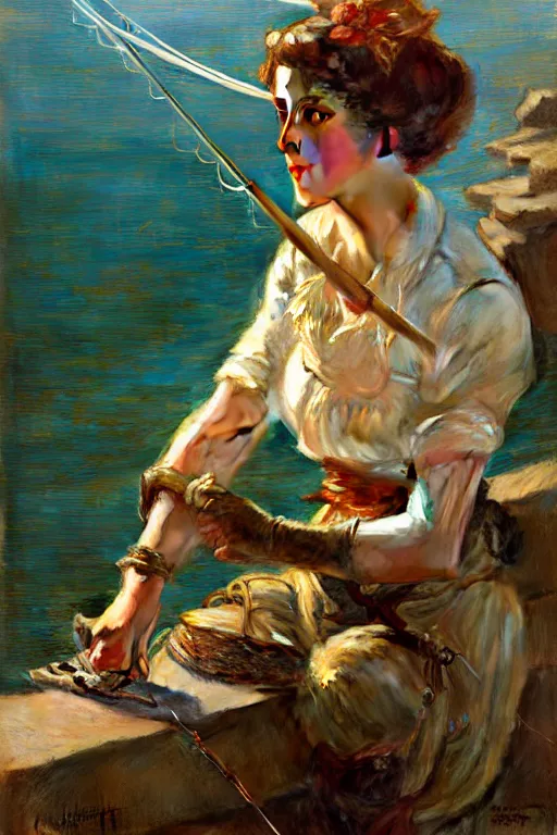 Image similar to fishing maid, highly detailed painting by gaston bussiere, craig mullins, j. c. leyendecker 8 k