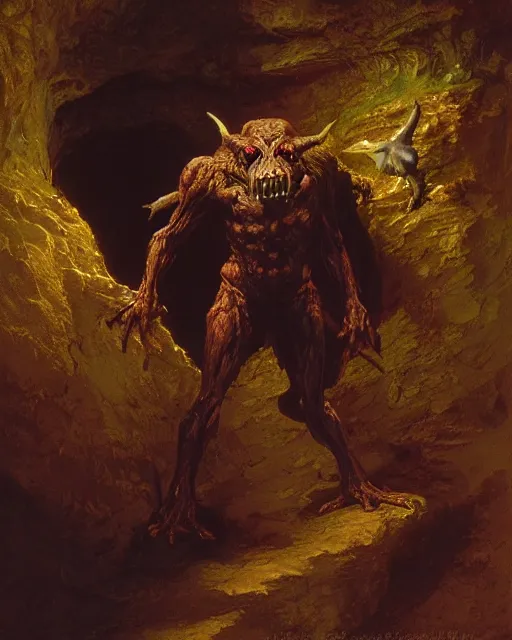 Image similar to A hobgoblin. He has a very menacing expression. he is standing in a cave. Award winning oil painting by Thomas Cole and Wayne Barlowe. Highly detailed