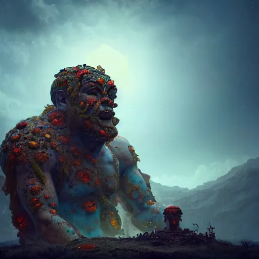 Prompt: ancient giant god being made of opal in desolate and lush landscape, moody, :: by James Jean, Jeff Koons, Dan McPharlin Daniel Merrian :: ornate, dynamic, particulate, rich colors, intricate, elegant, highly detailed, centered, artstation, smooth, sharp focus, octane render, 3d