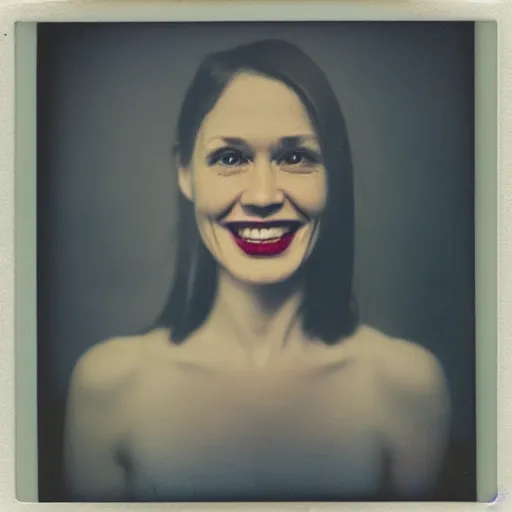 Prompt: portrait of a smiling woman with too many teeth. hundreds of teeth. hq photo, surreal, harsh lighting. polaroid type 6 0 0. fear. unnerving. unreality. menacing