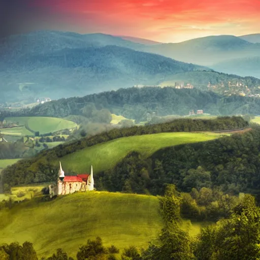 Prompt: Vast verdant valley surrounded by Transylvanian mountains, with a large zeppelin hovering in the foreground, and a ruined medieval castle on the hillside in the background. Late evening light, gloomy weather. Hyperrealistic, high quality, sharp, photography.