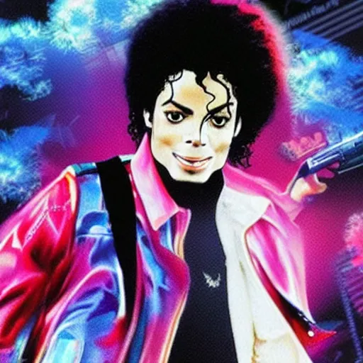 Prompt: Michael Jackson with a gun at a vaporwave themed place