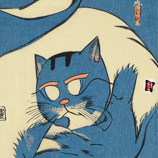 Prompt: whimsical japanese woodblock print of a blue cat, digital fine art, silly, by utagawa and hokusai and studio ghibli. trending. award - winning. featured.