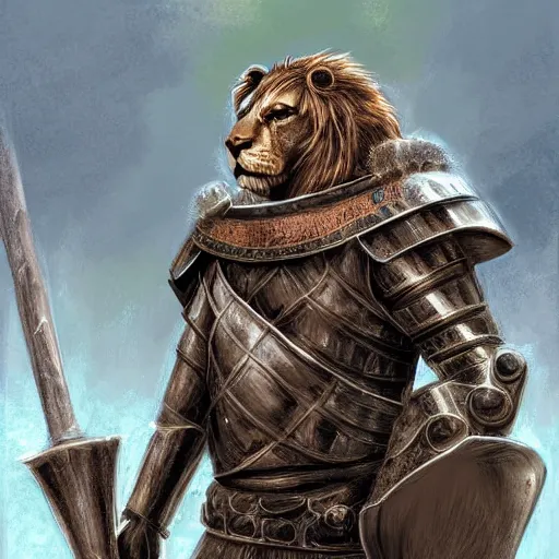 Image similar to book cover about a medieval lion knight, digital art, realistic, detailed, fantasy