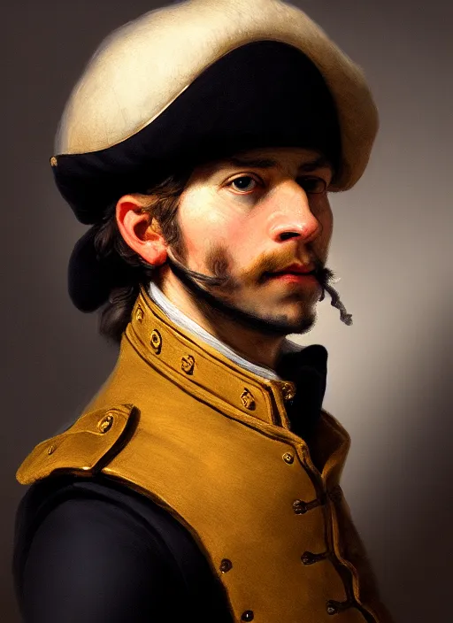Prompt: portrait of the french revolutionary soldier, detailed realism face in painting, detailed beautiful portrait, oil painting masterpiece, 8 k resolution, smooth, sharp focus, trending on artstation, by rembrandt